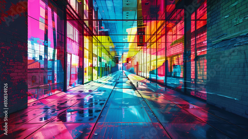 chromatic aberration in urban landscapes captured through a glass window  featuring a brick wall and a building in the foreground