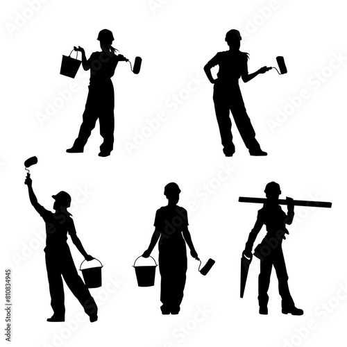 Silhouette collection of female construction workers in action pose with various tools