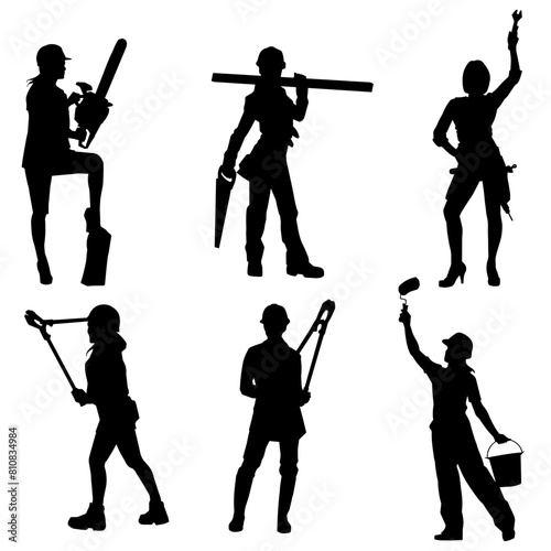 Silhouette collection of female construction workers in action pose with various tools