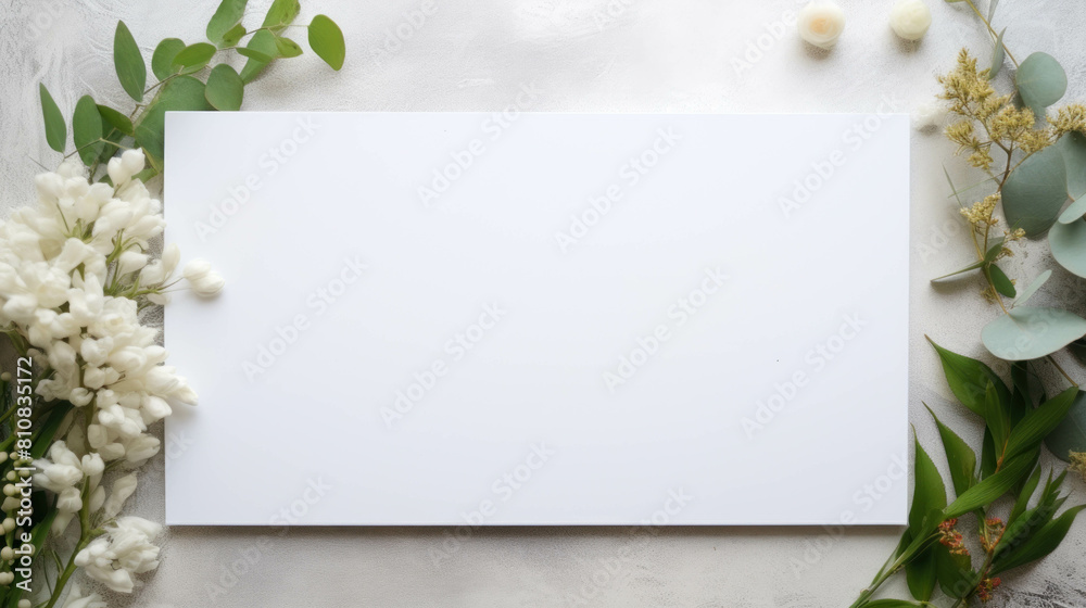 Wedding invitations, photo of a blank sheet of white paper surrounded by white flowers for creating elegant greeting cards Wedding invitations, photo of a blank sheet of white paper surrounded by white flowers for creating elegant greeting cards