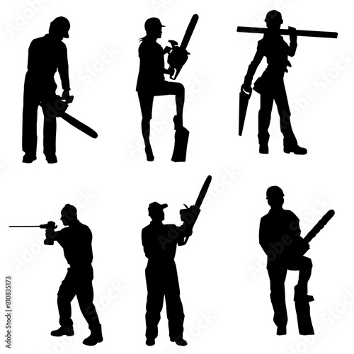 Silhouette collection of contruction workers in action pose with their tools