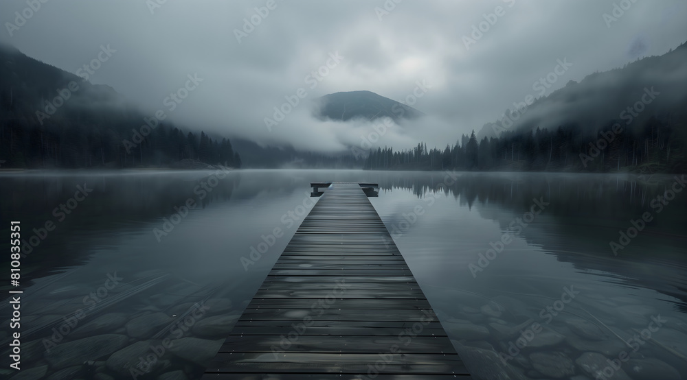 Naklejka premium A long wooden dock leads into the middle of a lake