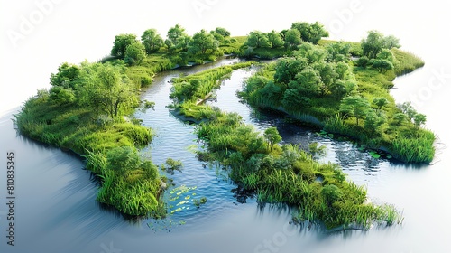 Illustrate the mesmerizing wetlands from above, emphasizing the winding waterways and lush vegetation with a detailed, CG 3D rendering that brings depth and realism