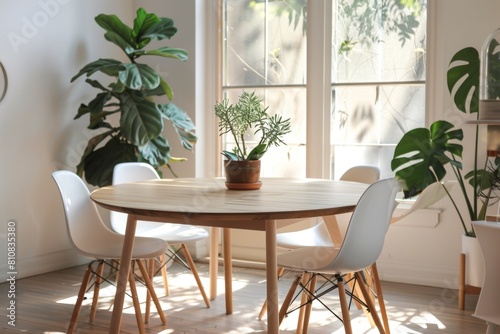 Two chairs around a table with a potted plant