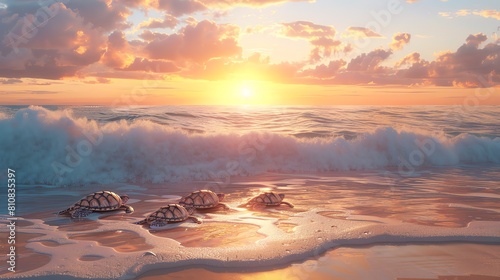 Render a tranquil coastal sunset with crashing waves and a family of sea turtles returning to the ocean, portrayed in a detailed oil painting