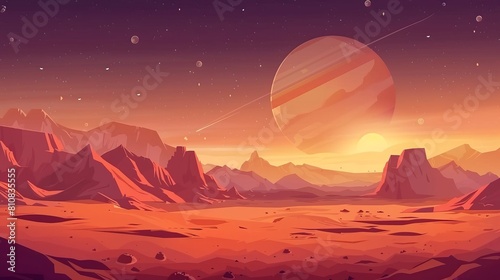 Space game background with orange ground  mountains  stars  Saturn  and Earth in the sky. Modern cartoon fantastic illustration of cosmos and red martian surface.