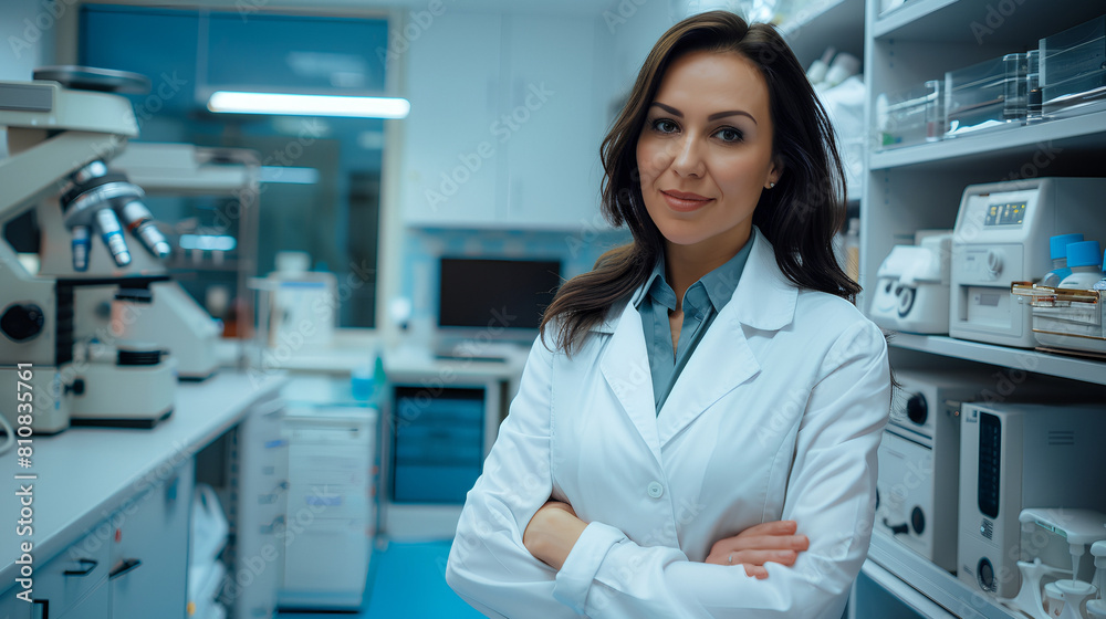 woman Biotechnologist, dressed in a lab coat in a nowest equipped laboratory, blurr effect in the backgraund
