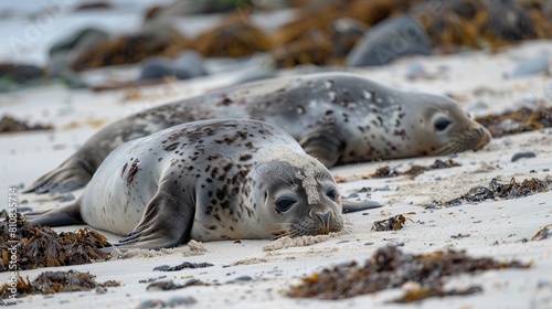 Harbor seals Phoca vitulina lying on the beach . Generative Ai photo
