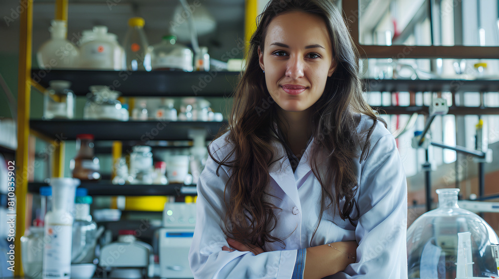 woman Biotechnologist, dressed in a lab coat in a nowest equipped laboratory, blurr effect in the backgraund woman Biotechnologist, dressed in a lab coat in a nowest equipped laboratory, blurr effect in the backgraund