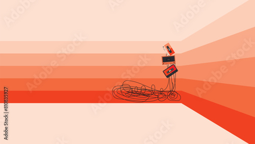 Retro style audio cassette tapes with strip line, flat design illustration. suitable for vintage background. isolated on orange background and have blank space for text
