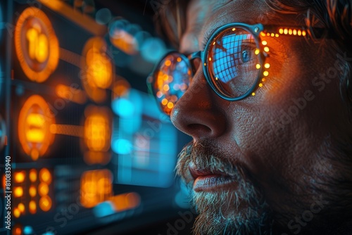 Man in glasses observing glowing lights display
