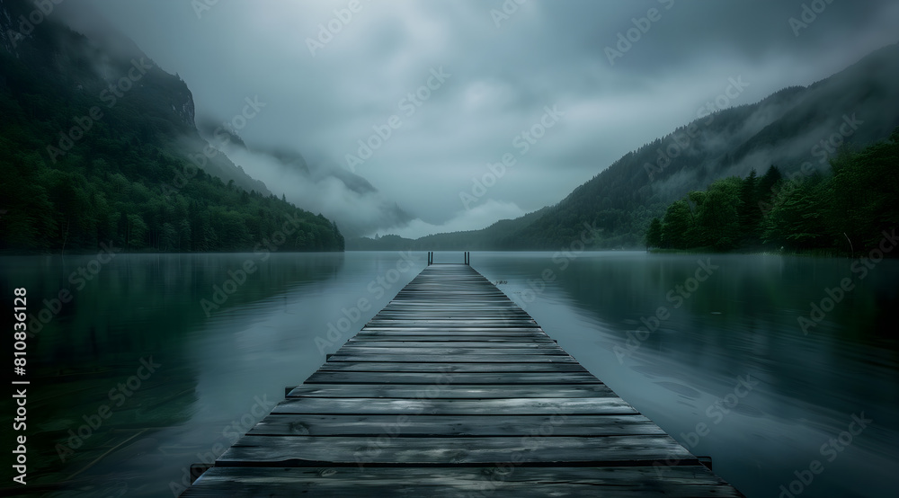 A long wooden dock leads into the middle of a lake