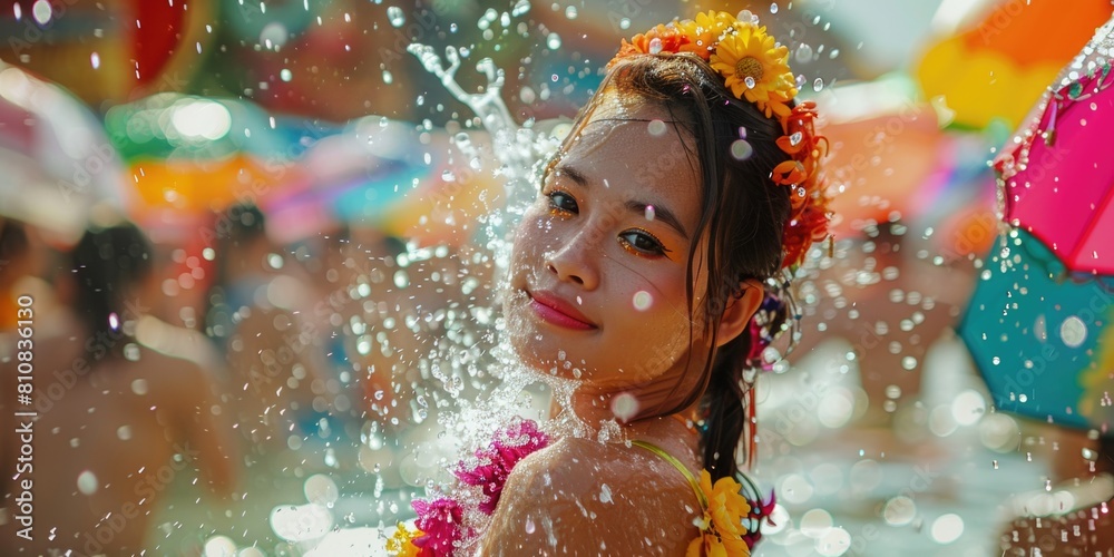 A woman in a flowered dress playing in the water. Suitable for lifestyle and summer-themed designs