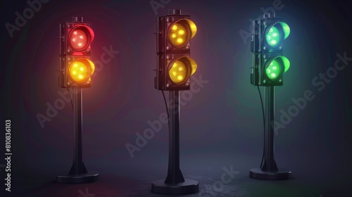 Traffic light with led lights and green, yellow, and red stoplights for cars' movement. Electric tool design elements, isolated 3D modern illustration. photo