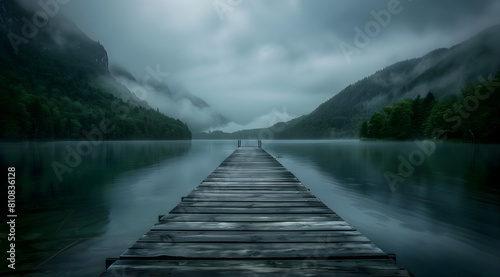 A long wooden dock leads into the middle of a lake photo