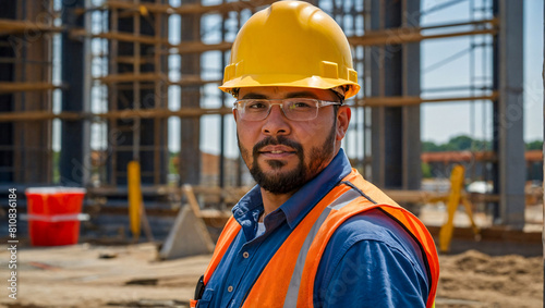 Portrait of a construction worker wearing hard hat and vest with a construction site in the background © The A.I Studio