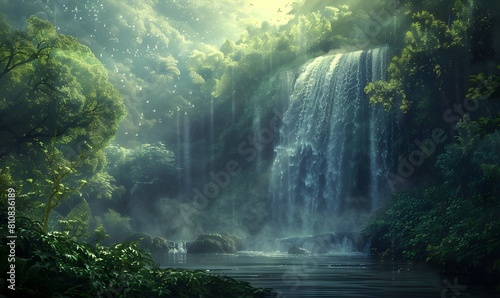the ethereal beauty of a waterfall surrounded by lush greenery and bathed in the soft light of the morning sun  with mist rising from the cascading water