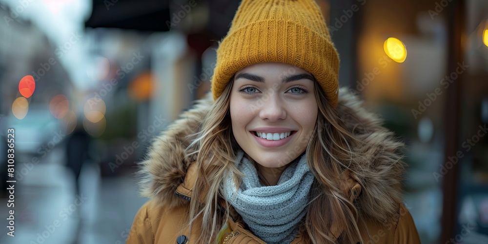 Cheerful young woman in warm cotton jacket standing on street Cheerful young woman in warm cotton jacket standing on street