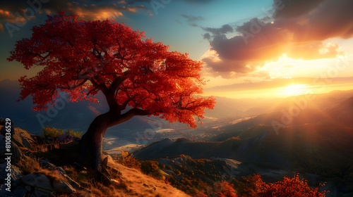 A majestic tree with vibrant red leaves stands on the edge of an ancient mountain  overlooking the vast valley below. The sun sets behind it casting warm hues across its branches and illuminating the 