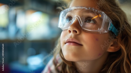 Close up of happy student face looking up while wearing safety glasses. Portrait of young children making experiment or studying in science lesson with blurring background. Creative education. AIG42.