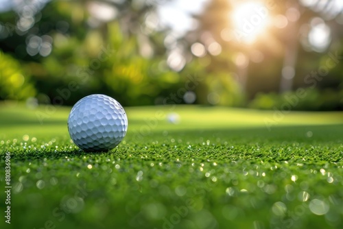 A golf ball sitting on a lush green field. Perfect for sports and leisure concepts