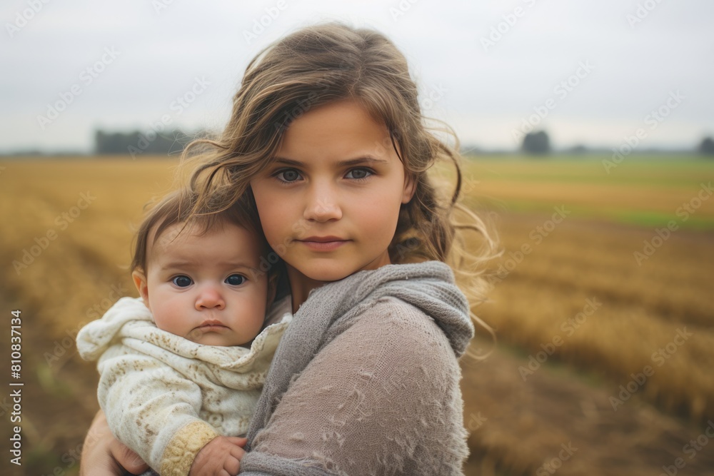 Young girl holding a baby close to her in a field Fictional Character Created By Generative AI. Young girl holding a baby close to her in a field Fictional Character Created By Generative AI.