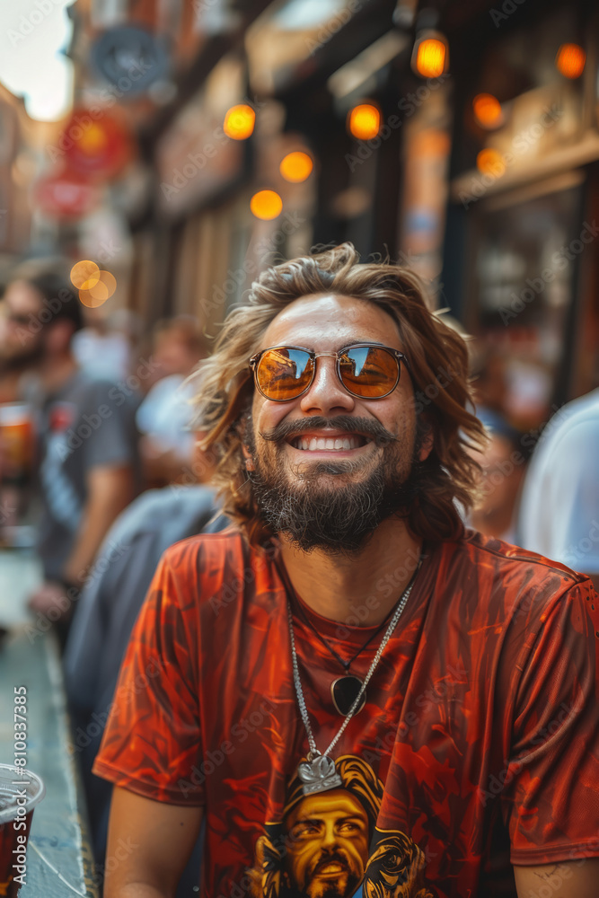 Long-haired man in sunglasses sitting on bench