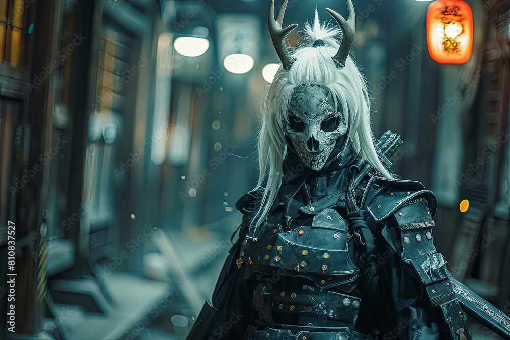 Dark Armor Beauty: Ultrawide Assassin with Deer Skull Mask in Futuristic Cityscape