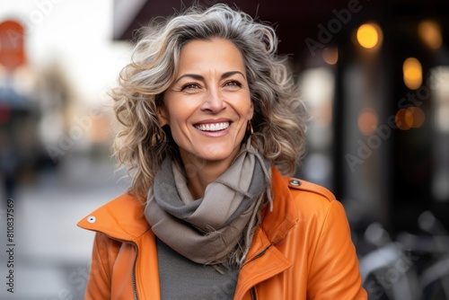 Stylish woman in a bright orange jacket, laughing and enjoying her day Fictional Character Created By Generative AI.  © shelbys