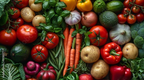 A colorful assortment of vegetables and fruits  including tomatoes  carrots