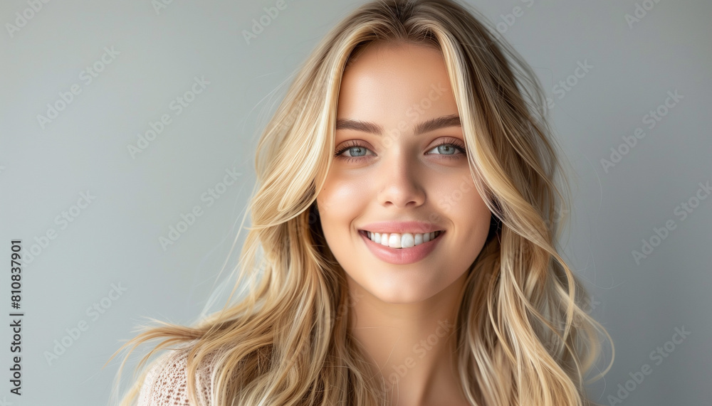 Naklejka premium A beautiful blonde looks into the camera against a gray background, exuding joy and confidence, which emphasizes her positive and friendly nature.