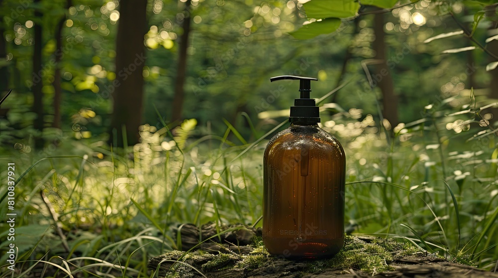 an oil bottle adorned with a natural, earthy color palette against a green, leafy background, illuminated by soft natural daylight. an oil bottle adorned with a natural, earthy color palette against a green, leafy background, illuminated by soft natural daylight.