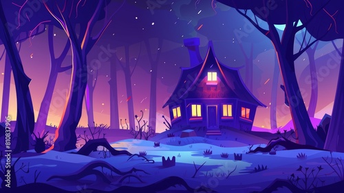 A gloomy forest landscape with dead tree trunks and a creepy cottage at night. Halloween background with a witch's hut. Modern cartoon illustration.