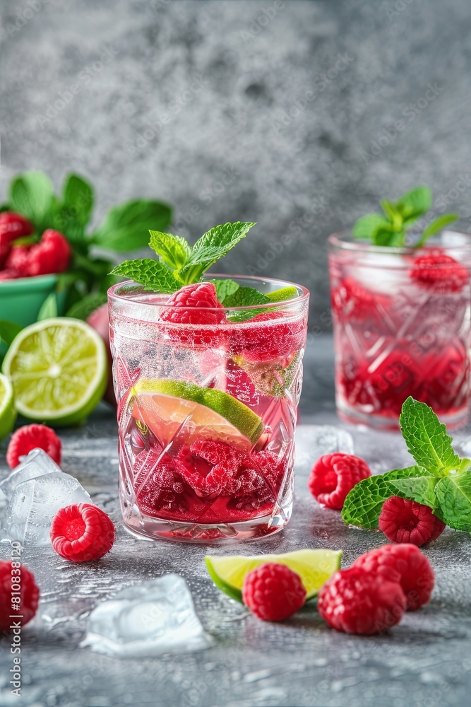 red lemonade, cold pink non-alcoholic cocktail with raspberries, lime, mint and ice cubes on a concrete background red lemonade, cold pink non-alcoholic cocktail with raspberries, lime, mint and ice cubes on a concrete background