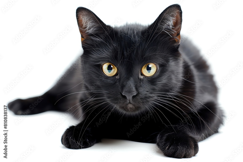 A black cat with gleaming eyes, poised elegantly, isolated on a white background