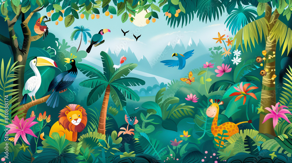 Cartoon jungle landscape with wild animals and tropical plants. Cartoon jungle landscape with wild animals and tropical plants.