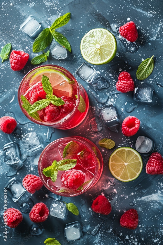 red lemonade, cold pink non-alcoholic cocktail with raspberries, lime, mint and ice cubes on a concrete background red lemonade, cold pink non-alcoholic cocktail with raspberries, lime, mint and ice cubes on a concrete background