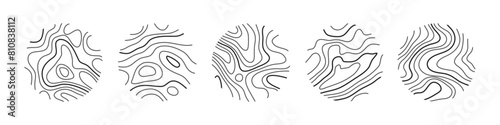 Circular wood rings or topographic map lines texture set. Wood tree topographic abstract lines collection flat style design vector illustration contour isolated pattern design.
