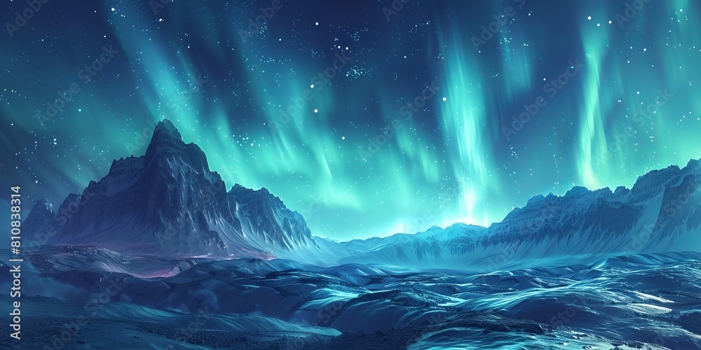 Green Aurora Sky over Rocky Landscape. Beautiful Northern Lights Background with copy-space.
