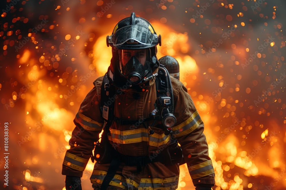 Fototapeta premium Firefighter walking through large fire