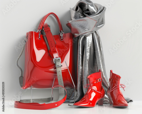 3D rendered womens high fashion bag, shoes and other accessories, shawcase ad mockup, isolated on a white and gray background.
