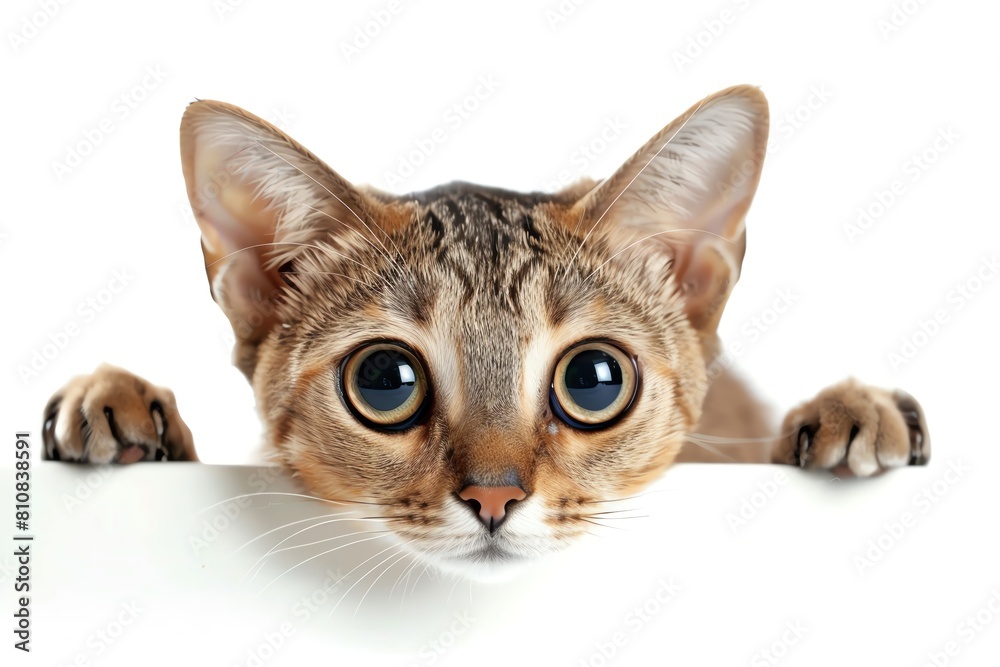 A Singapura cat with big eyes and a tiny stature, peeking out, isolated on white A Singapura cat with big eyes and a tiny stature, peeking out, isolated on white