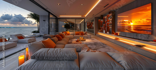 Ultra-modern media room with plush sectional sofa, large TV, and backlit shelves