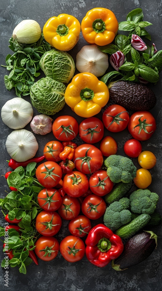 A colorful assortment of vegetables and fruits, including tomatoes, carrots