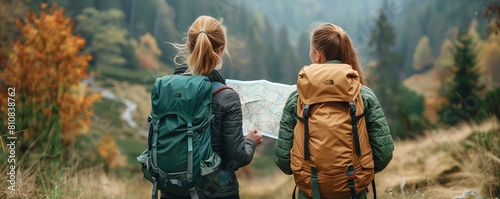 Female hikers looking at map