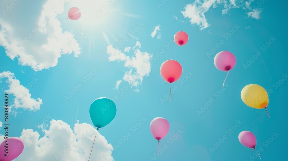 A bunch of colorful balloons are floating in the sky on a sunny day