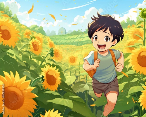 A young boy runs through a field of sunflowers, his face filled with joy