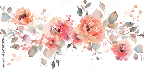 floral branch. Flower red, burgundy, purple rose, green leaves. Wedding concept with flowers. Floral poster, invite. Vector arrangements for greeting card or invitation design