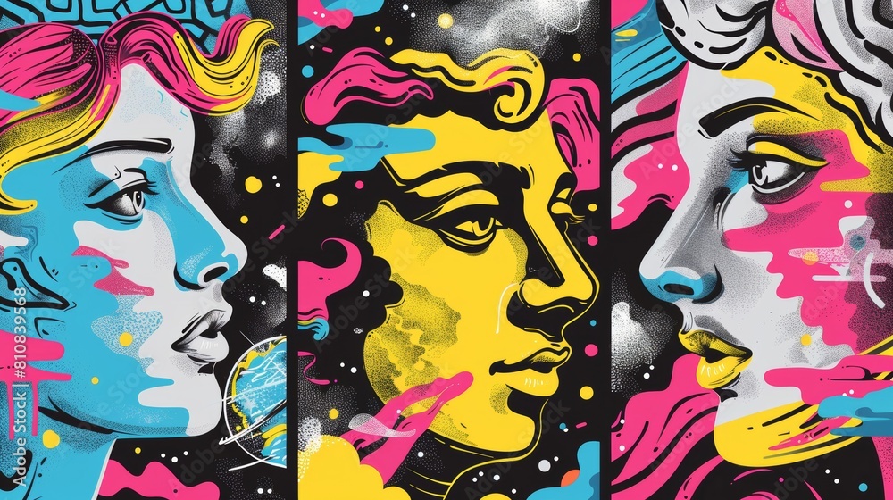 An invitation banner set with an acid design of Greek sculptures. Comic book psychedelic posters with girl statue, planet, eyes, mushroom, and paint splashed backgrounds. An invitation banner set with an acid design of Greek sculptures. Comic book psychedelic posters with girl statue, planet, eyes, mushroom, and paint splashed backgrounds.