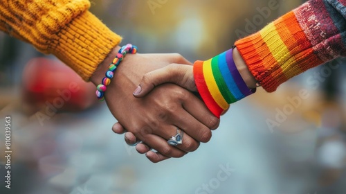 Two Hands Clasped Together, One with a Rainbow Wristband and the Other Bearing a Supportive Message, Symbolizing Unity and Support